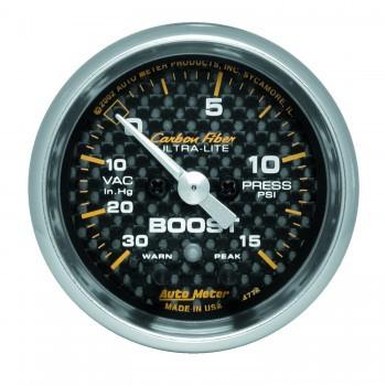 Auto Meter Gauges, Autometer Carbon Fiber Series 2-1/16'' Boost/Vacuum 30 IN HG/30 PSI Gauge (4777)